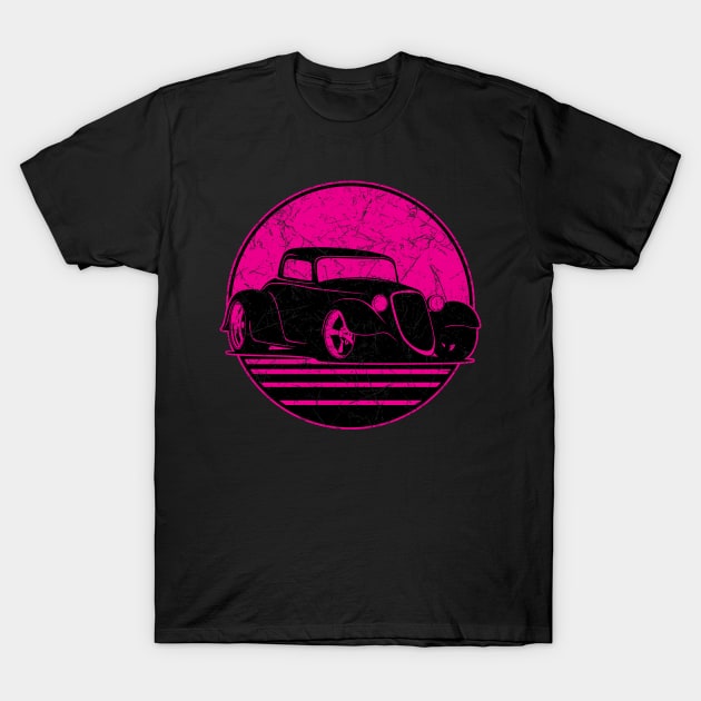 Retro Hot Pink Hot Rod Grungy Sunset Illustration T-Shirt by hobrath